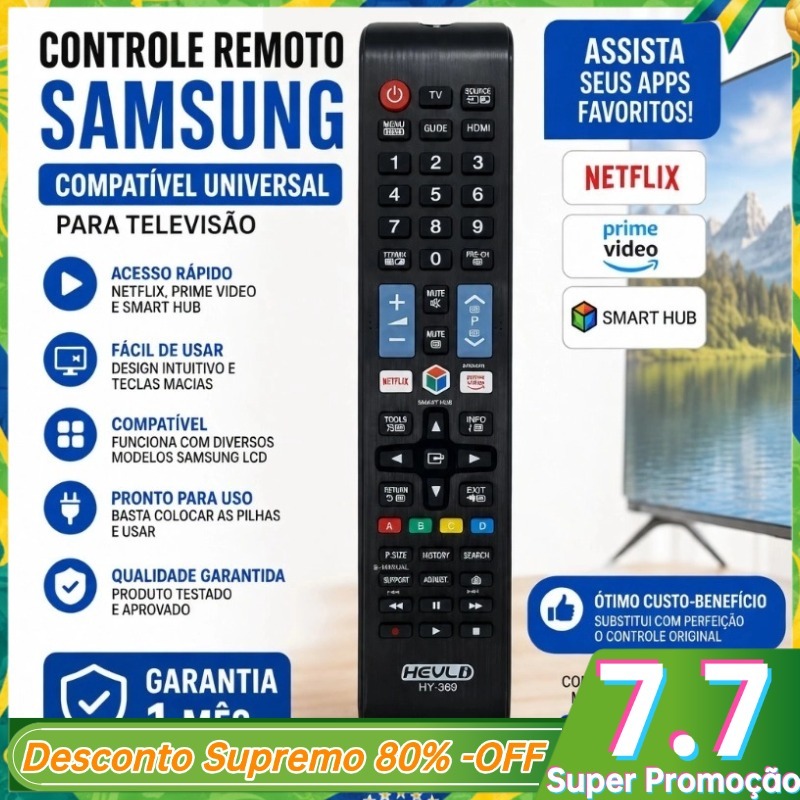 Controle Remoto TV SAMSUNG Compatível UNIVERSAL LCD / NETFOUTUBE, PRIME VIDEO Para Televisão / HY-369