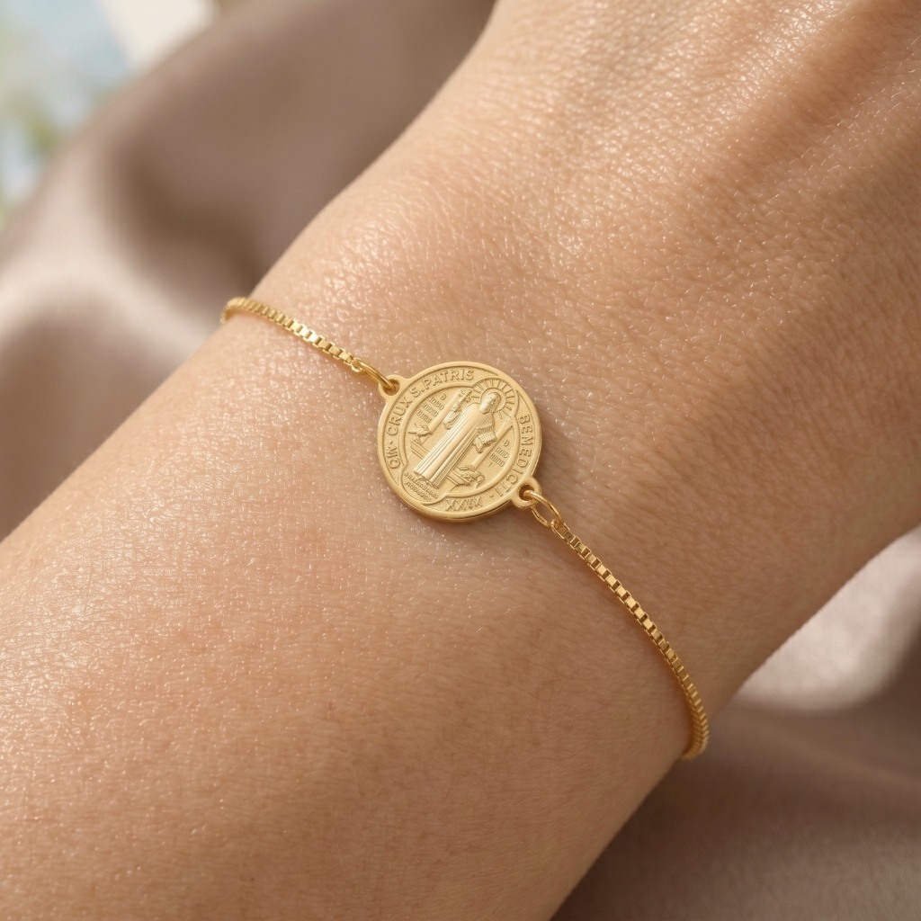 (Semi Joia)Pulseira Bracelete São Bento Religioso Banhado Ouro18 Prata925 Anti Alergico Presente Acessorio Feminino Mimo