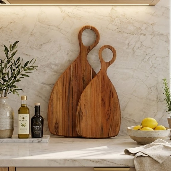 Kit Tábua de Corte Royal Com Cabo Decorar Cozinha Servir e Cortar P e M - Madeira Nobre Premium