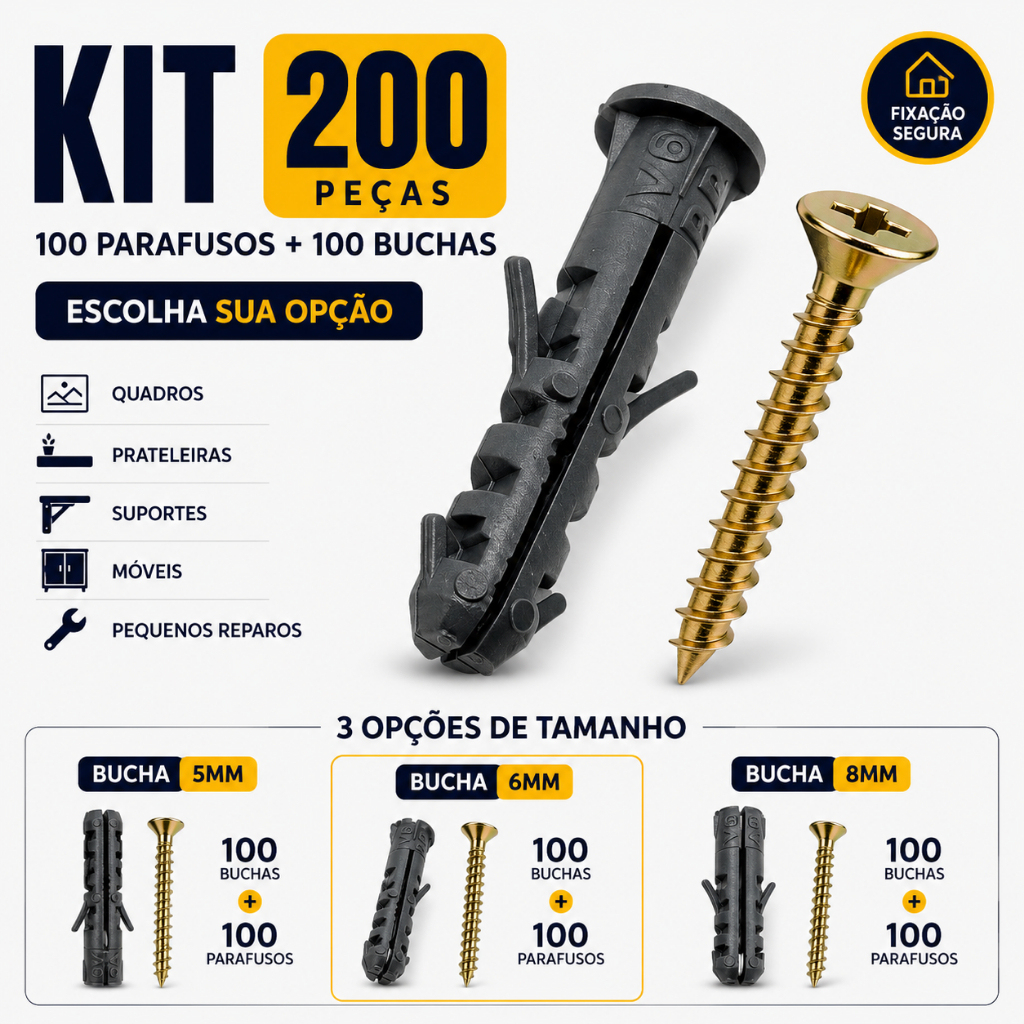 Kit 100 Buchas 5 mm 6mm ou 8mm 100 Parafusos Phillips Ponta Agulha Multiuso Casa Fixação Parede