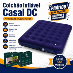 Colchão Inflável Casal com Bomba de Pé Ar Embutida Aveludado Multiuso Camping Mor Azul