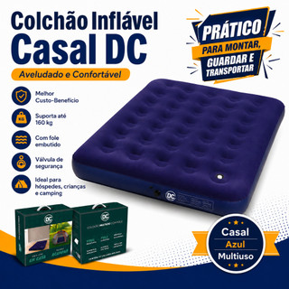 Colchão Inflável Casal com Bomba de Pé Ar Embutida Aveludado Multiuso Camping Mor Azul