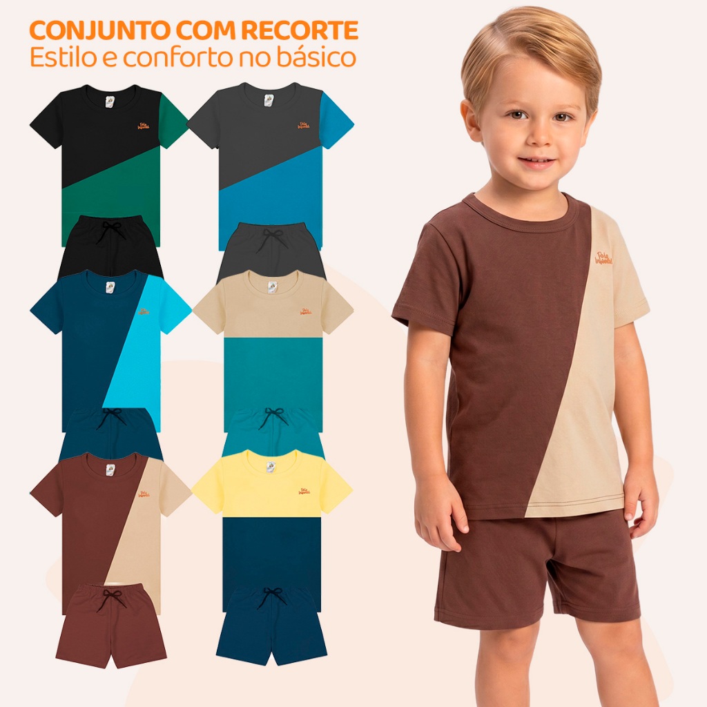 Kit 3 ou 2 Conjuntos Infantil Masculino com Recorte Diagonal Camisa e Bermuda Design Moderno Estilo Casual