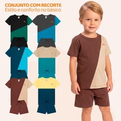 Kit 3 ou 2 Conjuntos Infantil Masculino com Recorte Diagonal Camisa e Bermuda Design Moderno Estilo Casual