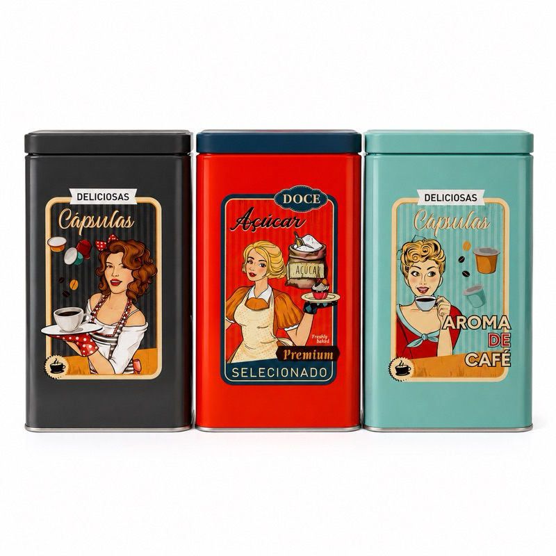 Kit Porta Condimentos Lata De Metal Retrô Café Açúcar Pote Organizador Cozinha Vintage