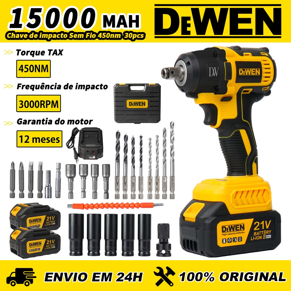 Chave De Impacto Parafusadeira Reforçada 2 baterias/1 baterias 450NM 3250RPM Completo Acessórios
