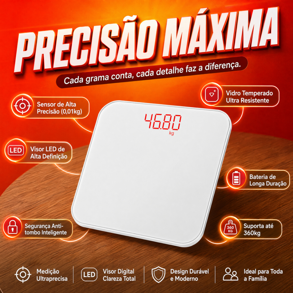 Balança Digital Corporal Doméstica Alta Precisão 0,01kg Suporta Até 360kg Vidro Temperado Visor LED Anti-Tombo para Toda