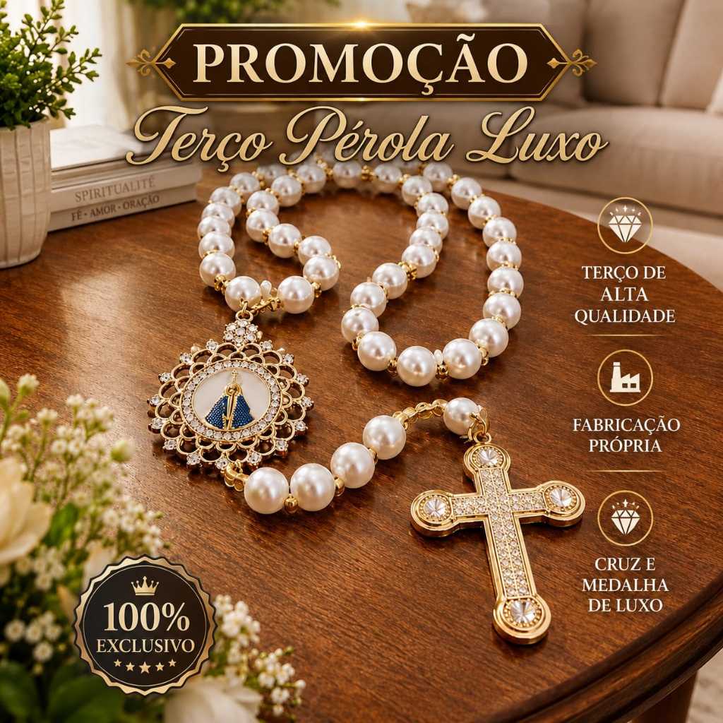 Terço noiva Perola luxo 66cm Nossa Senhora Aparecida artesanal casamento buque noiva personalizado lembrança religios