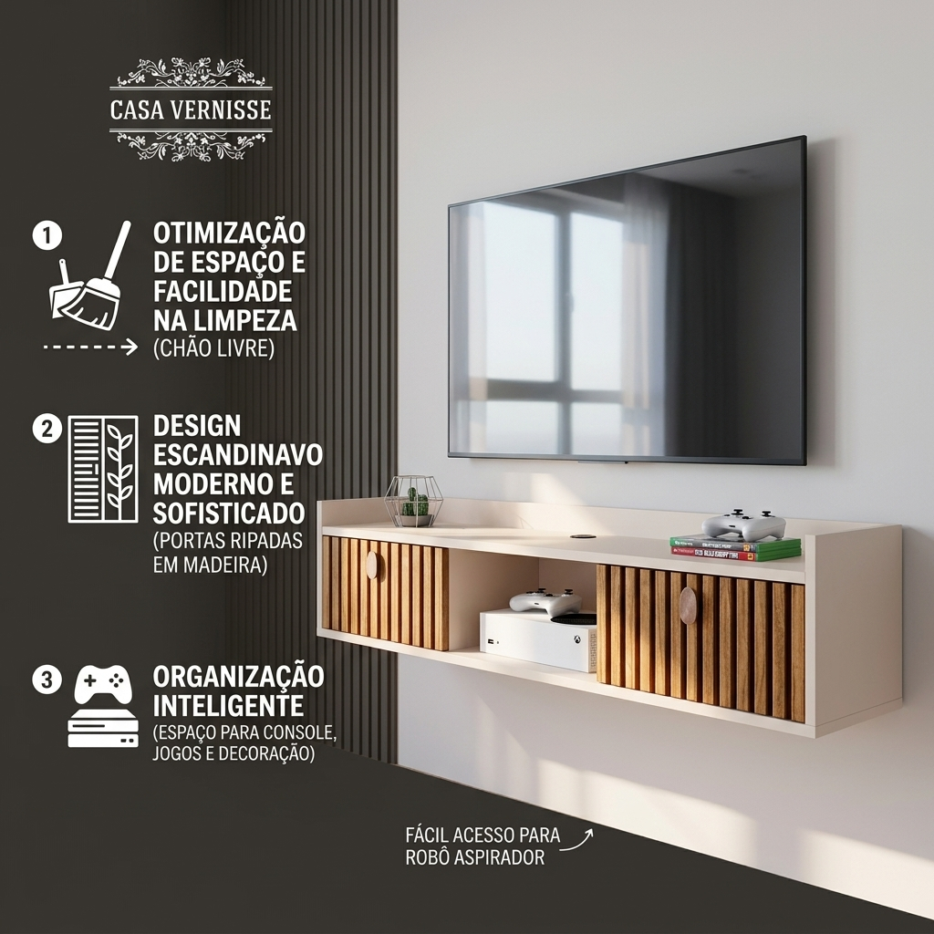Rack Suspenso Ripado Off White 120cm para TV Moderno Promoção Envio Imediato