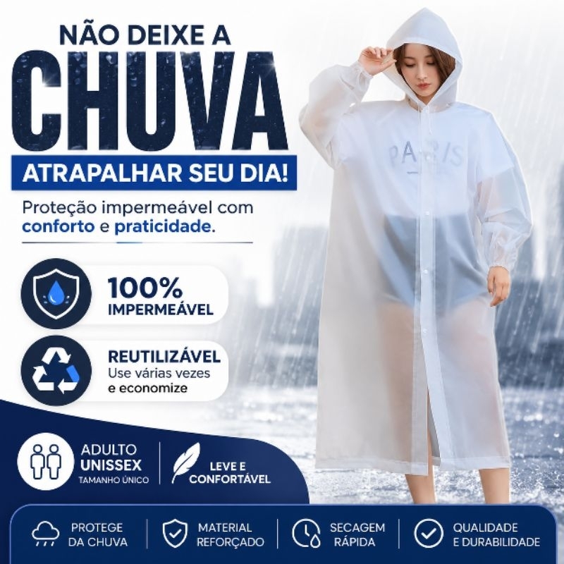 Capa de Chuva Impermeável Adulto Reforçada PVC EVA Reutilizável com Capuz Branca Tamanho Único Unissex