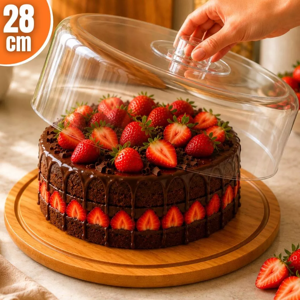 Boleira Base Bambu Com Tampa Em Acrílico Porta Bolo Queijeira Doces Torta Pudim Queijo Grande 28cm — imagem 1