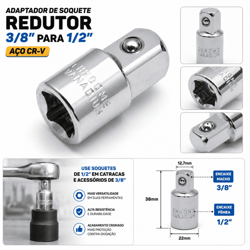 Detalhes do Adaptador Redutor Soquete 3/8 Para 1/2 Aço CR-V Profissional Eda Alta Resistência Cromo Vanádio