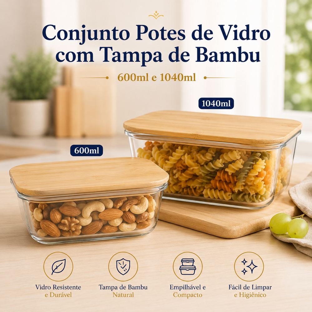 Conjunto Organização Premium 2 Potes Herméticos Vidro com Tampa de Bambu, Marmita, Pote Hermético