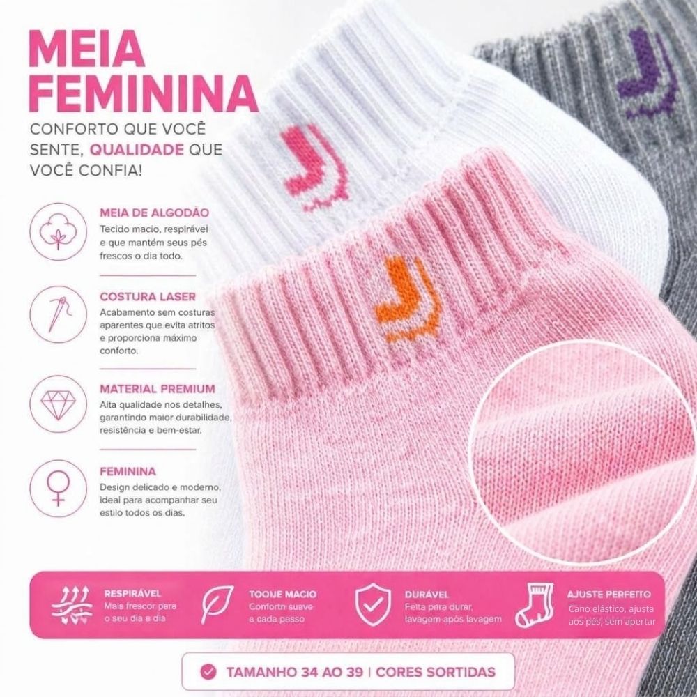 Kit 6 Pares Meias Respiráveis Algodão Feminina Academia