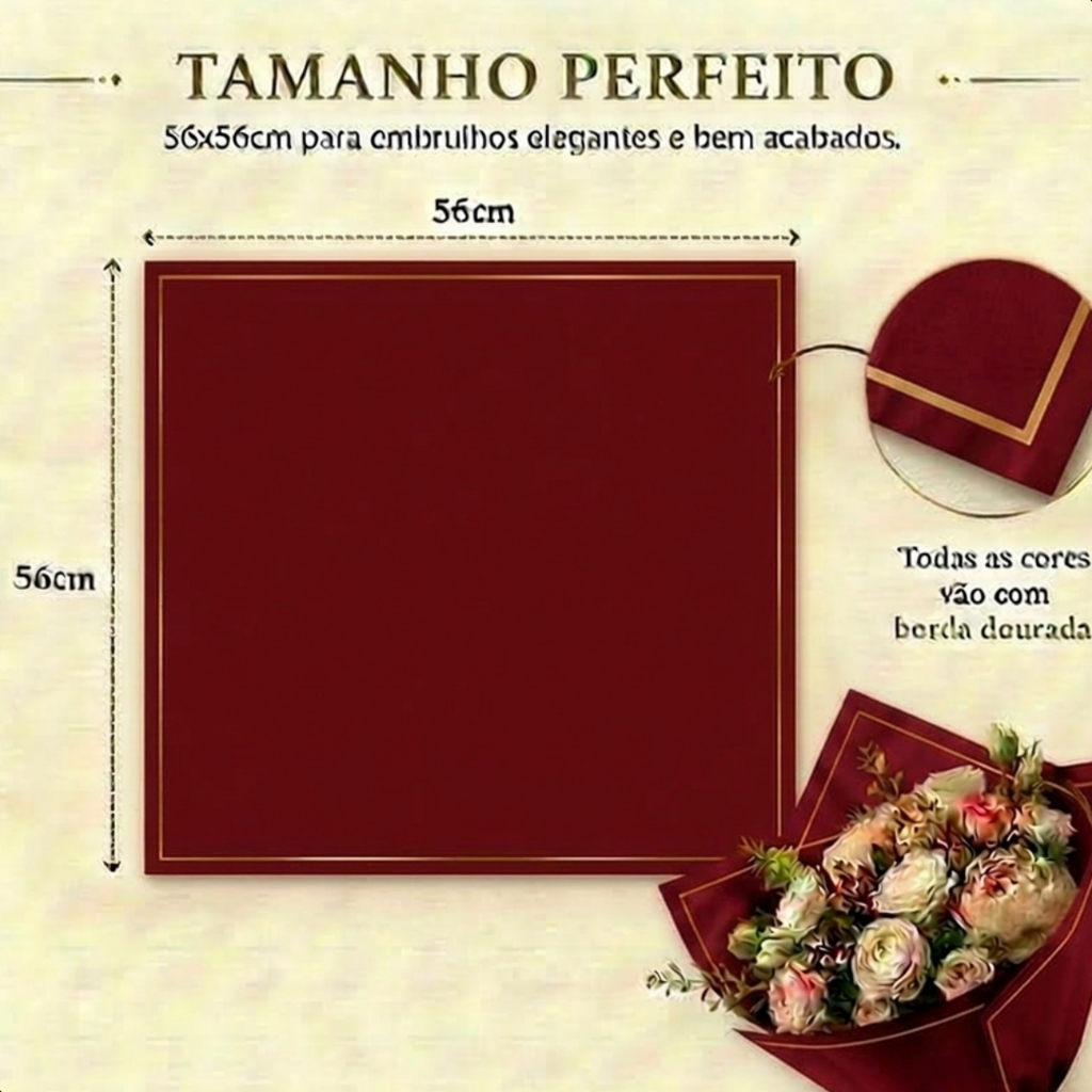 Papel de Seda Impermeável Para Buquê Flores Estilo Coreano Borda Dourada Kit 20 a 60 Folhas