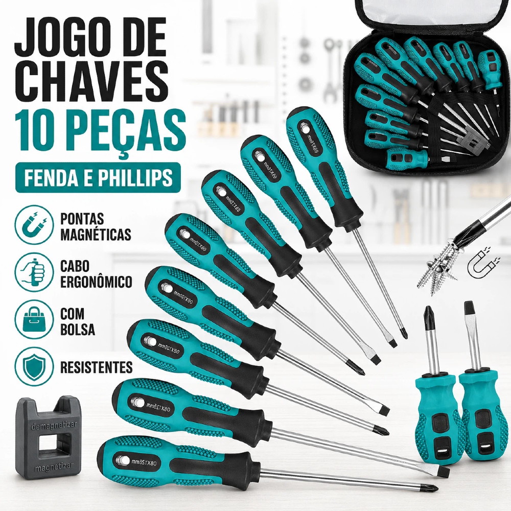 10 Peças Chaves de Fenda e Phillips Profissional Magnética e Isoladas Ferramentas Duráveis em Sacola de Transpo