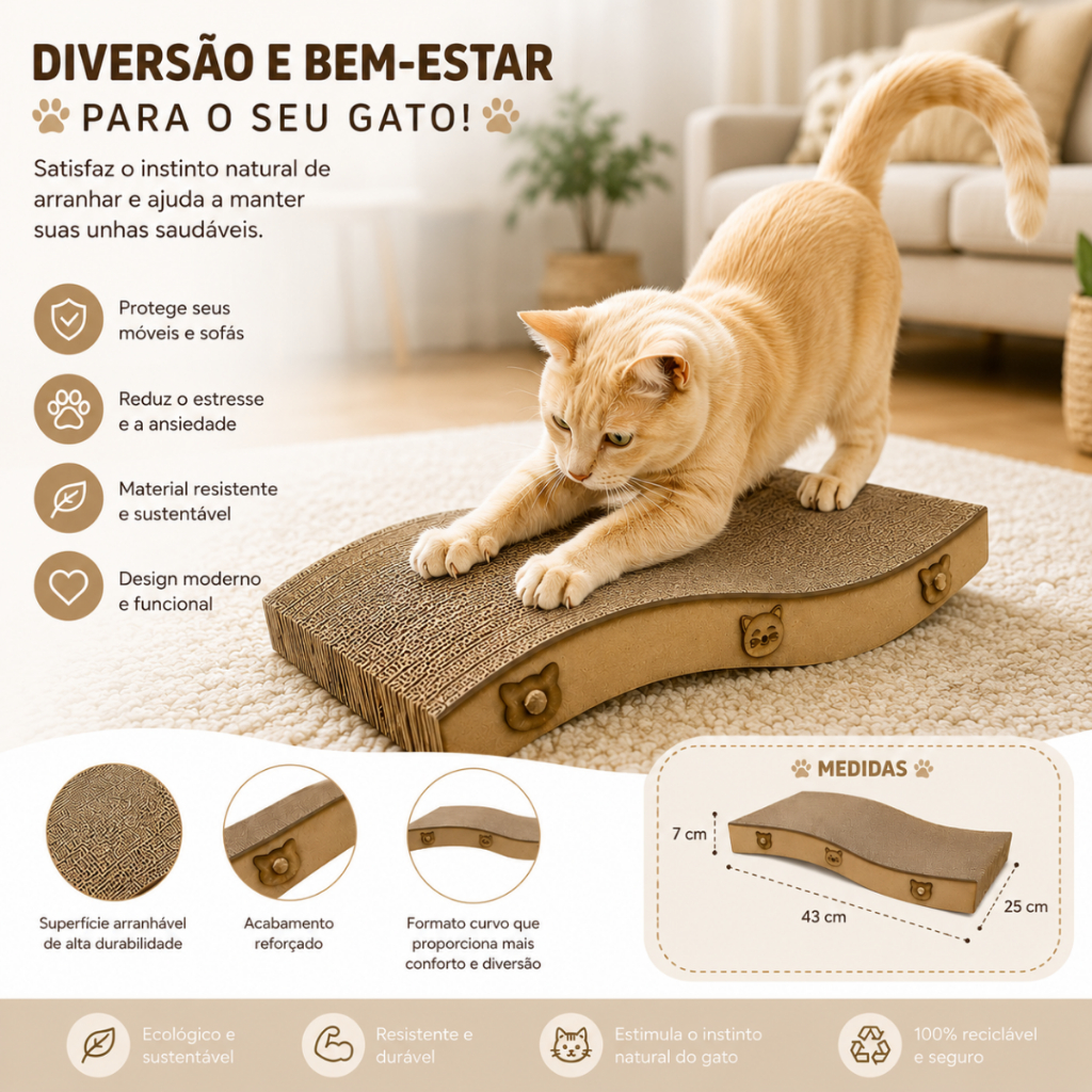 Detalhes do Arranhador Gato Antiestresse Resistente de Papelão e MDF