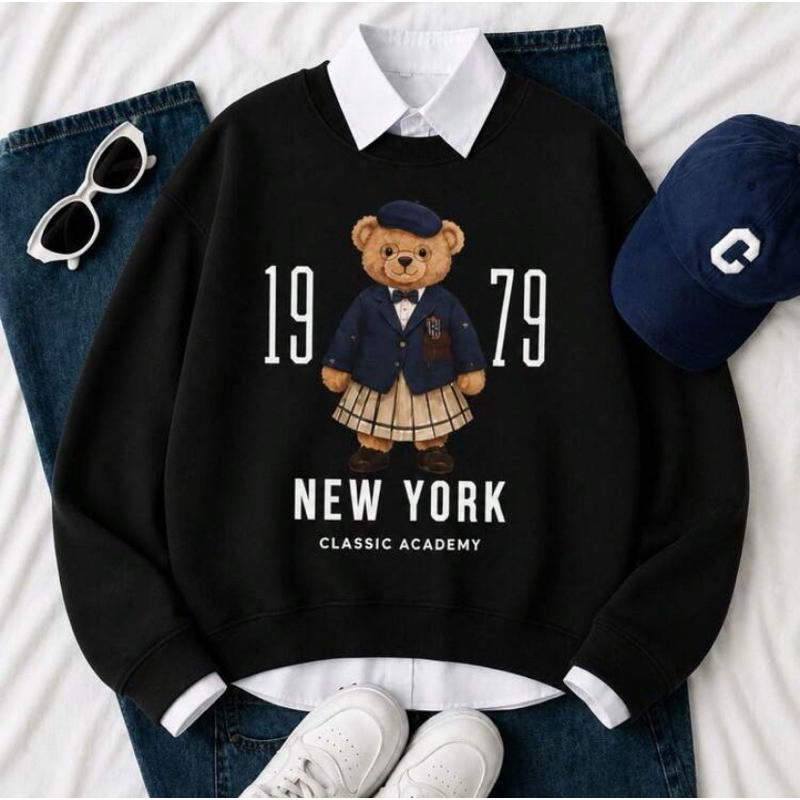 Moletom Feminio Estilo Gola Redonda Com Estampa Vintage De Urso Blusa De Frio Quentinha E Super Estilosa Todas Estaçoes