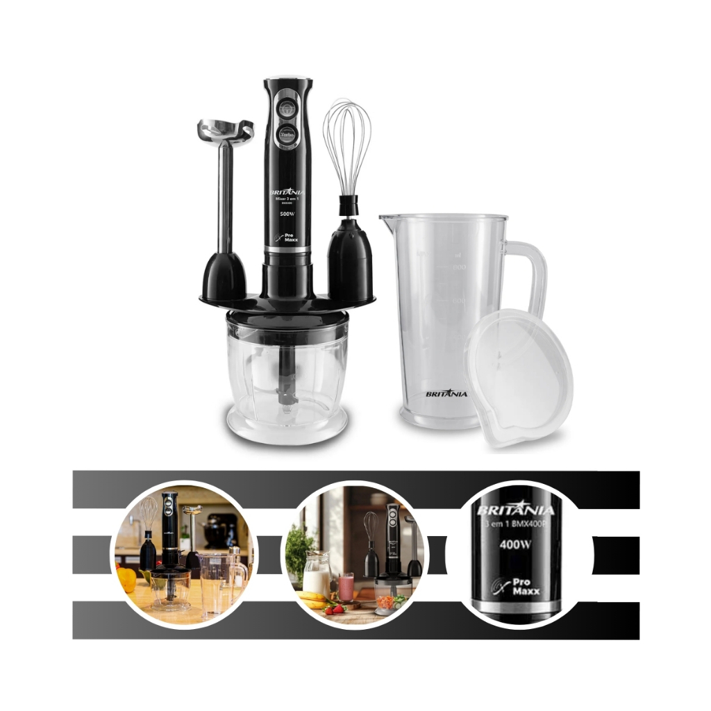 Mixer BMX400P Turbo 3 em 1 500W Preto com Triturador, Batedor de Claras e Haste Inox Britânia