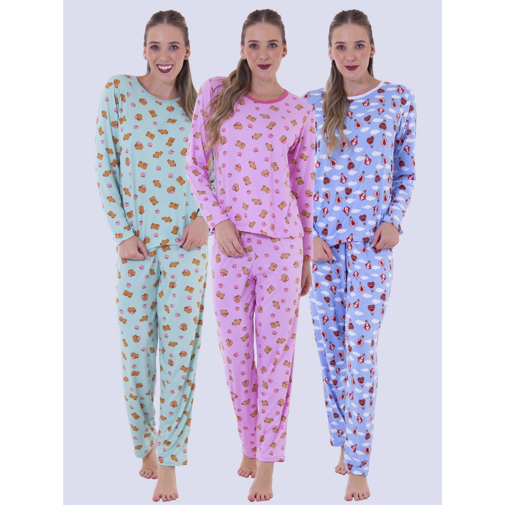 KIT 3 Pijamas Feminino Sonho Manga Longa Felpado Inverno