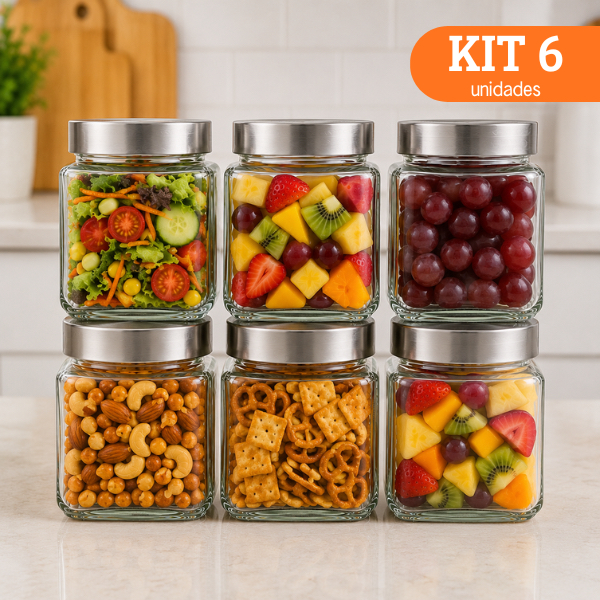 Kit 6 Potes de Vidro 500ml com Tampa de Inox para Frutas Snacks e Saladas