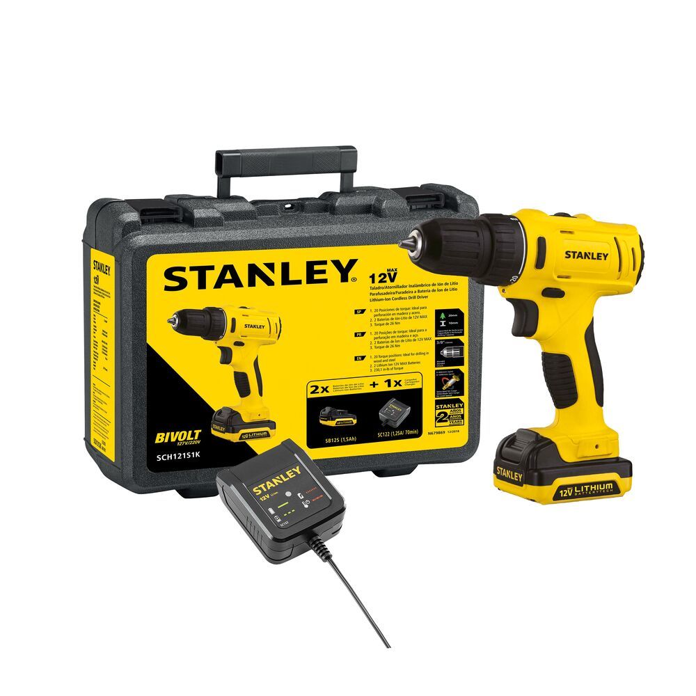 Parafusadeira Furadeira STANLEY SCH121S1K Com Bateria, Carregador e Maleta 110V