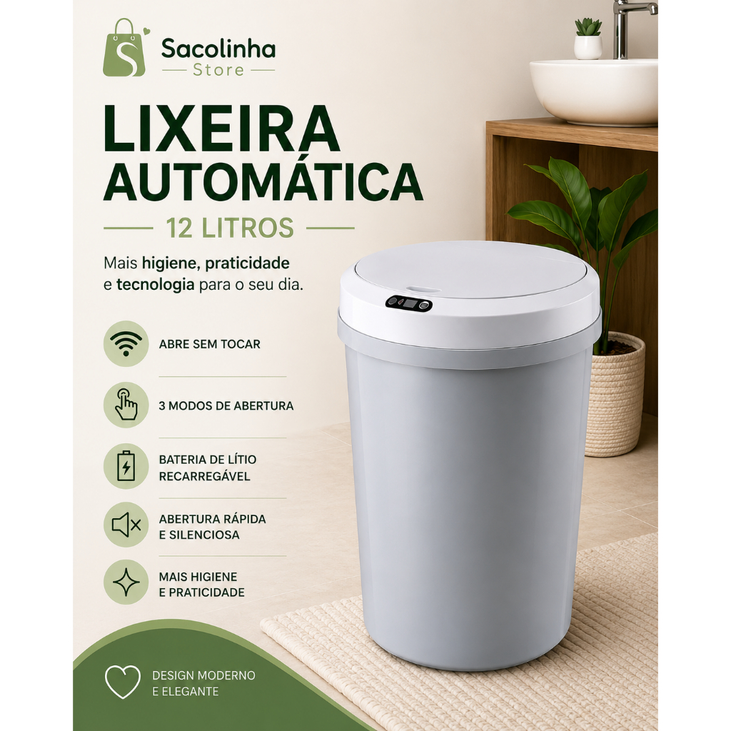 Lixeira Automática 12L Sensor de Proximidade Recarregável USB Touch Cinza Inteligente