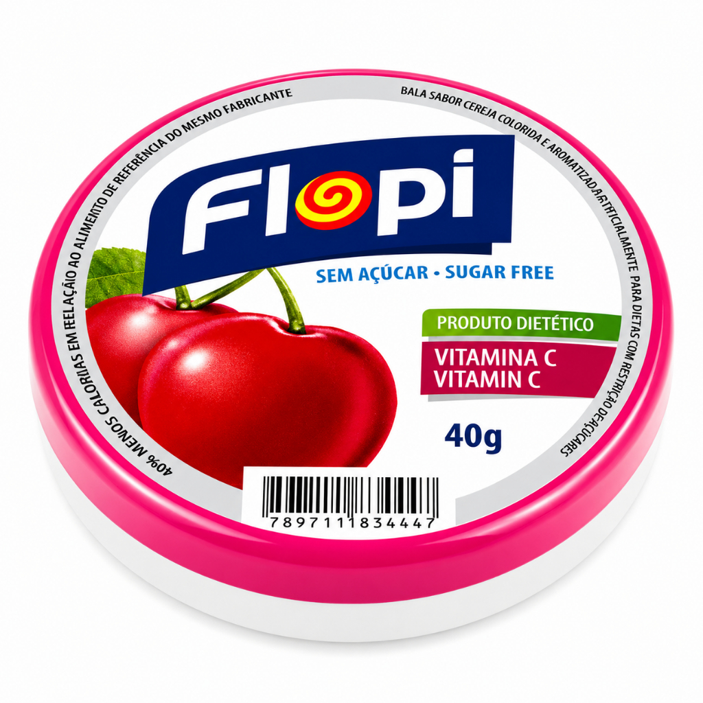 Balas Sabor Cereja Sem Açúcar Flopi 40g Diet Florestal