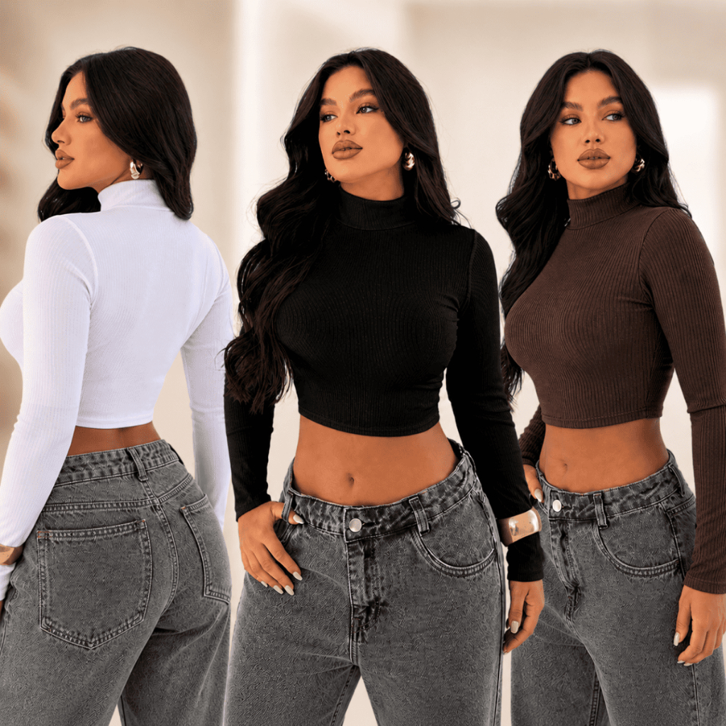 Blusa Cropped Feminina Manga Longa Gola Alta Gola Alta Moda Feminina Inverno Canelado Premium