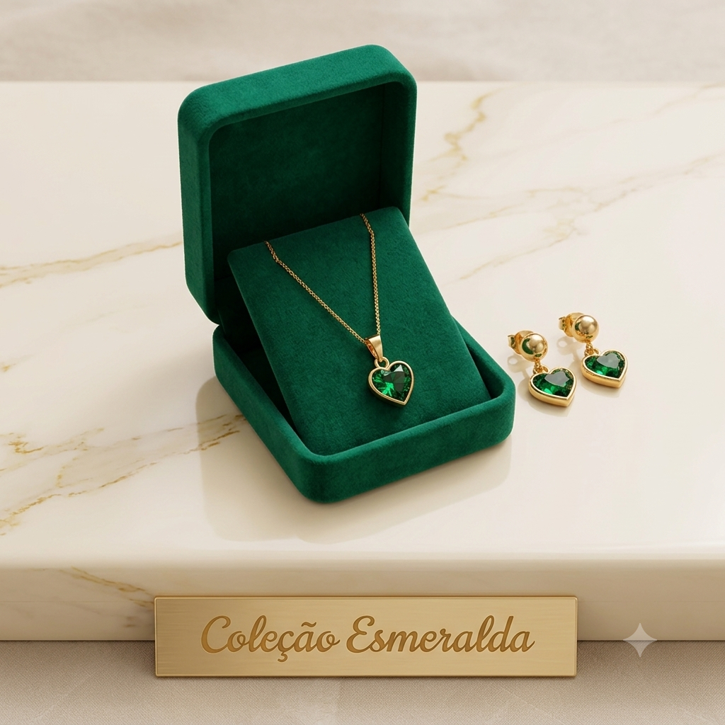 Conjunto Colar e Brincos Coração Cristal Transparente Folheado + Caixa de Veludo Luxo Premium