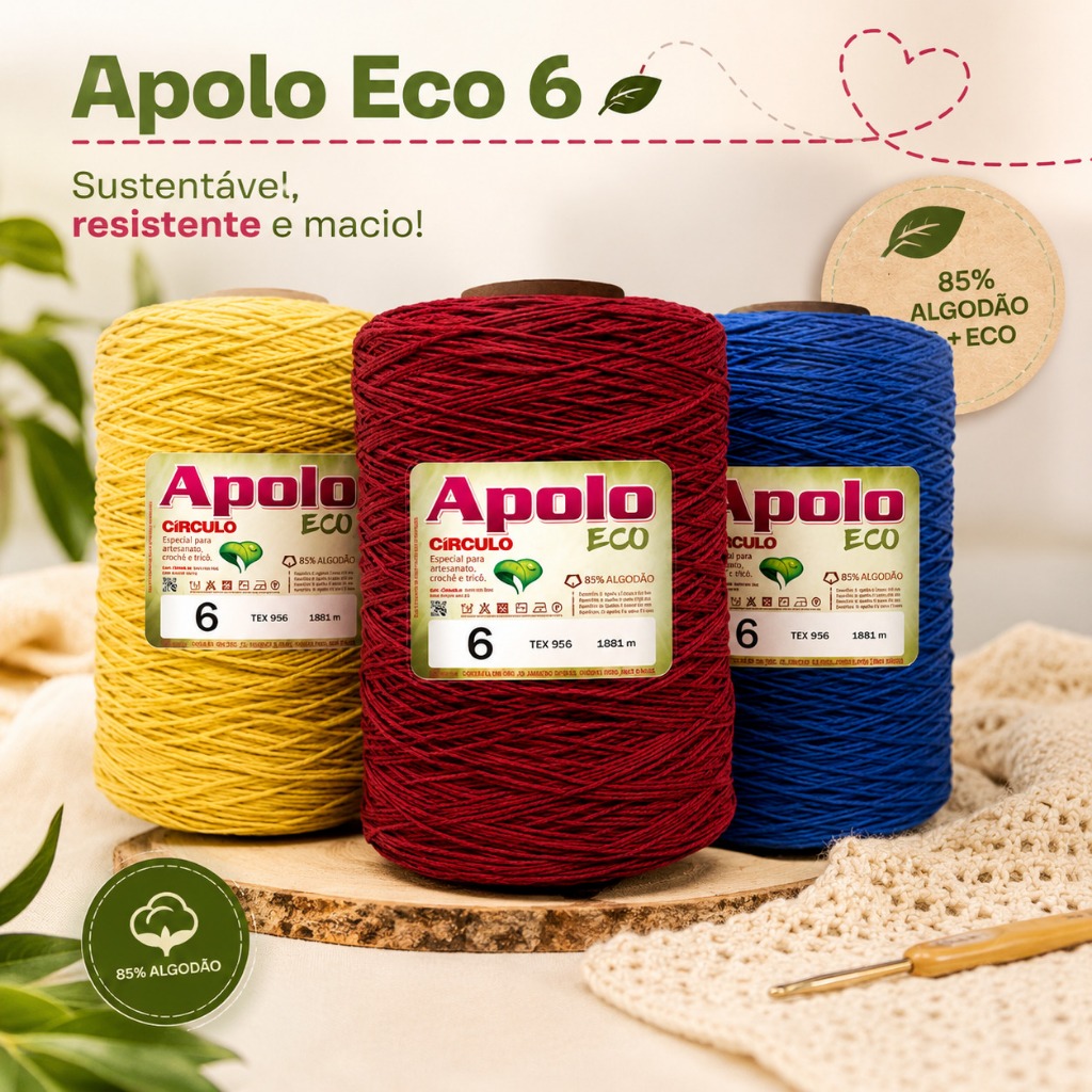 Apolo Eco 1,8kg 6 Barbante Nº 6 ou N° 8 Círculo 85% Algodão | Barbante Sustentável para Crochê e Artesanato