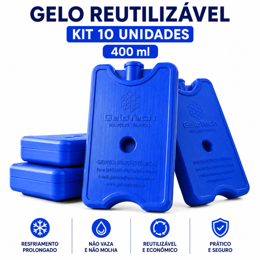 Kit 10 unidades gelo reutilizável rígido 400 ml Gelotech placa gelox cooler delivery transporte remédio bolsa térmica