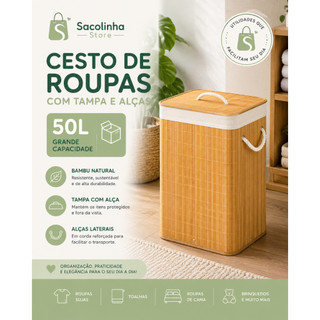 Cesto de Roupas Bambu 50L com Tampa e Alças Organizador Lavanderia Banheiro Quarto