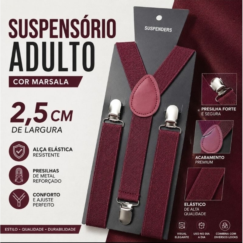 Suspensório Masculino Adulto Marsala 2,5cm Premium Ajustável Social com Presilhas Metálicas