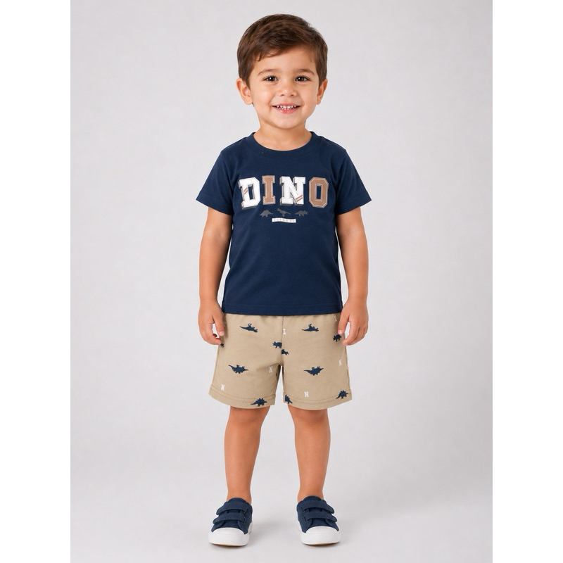 Conjunto Infantil Masculino Brandili Dino Adventure Camiseta Marinho e Bermuda Estampada Dinossauro Primavera Verão