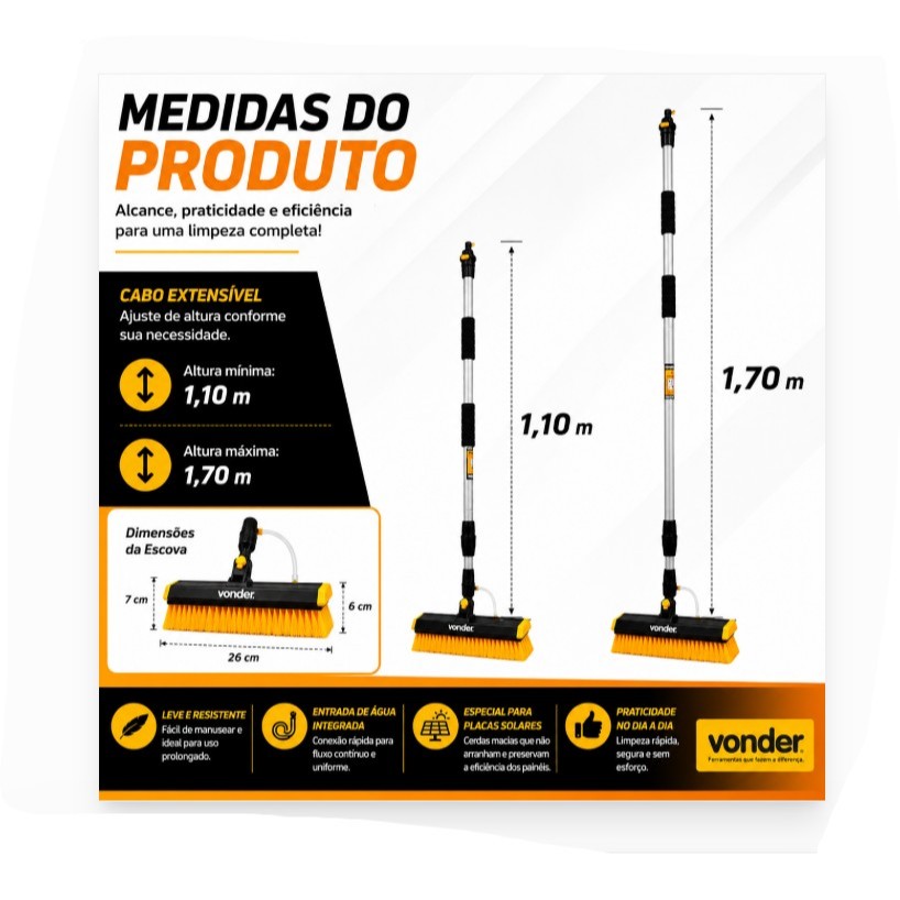 Vassoura Cabo Extensível Entrada de Água Vonder Limpeza Placa Solar Cerdas Macias · foto 2