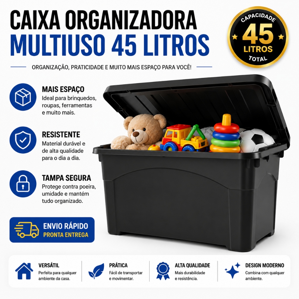 Caixa Organizadora 45 Litros com Tampa Rodinhas Reforçada Multiuso