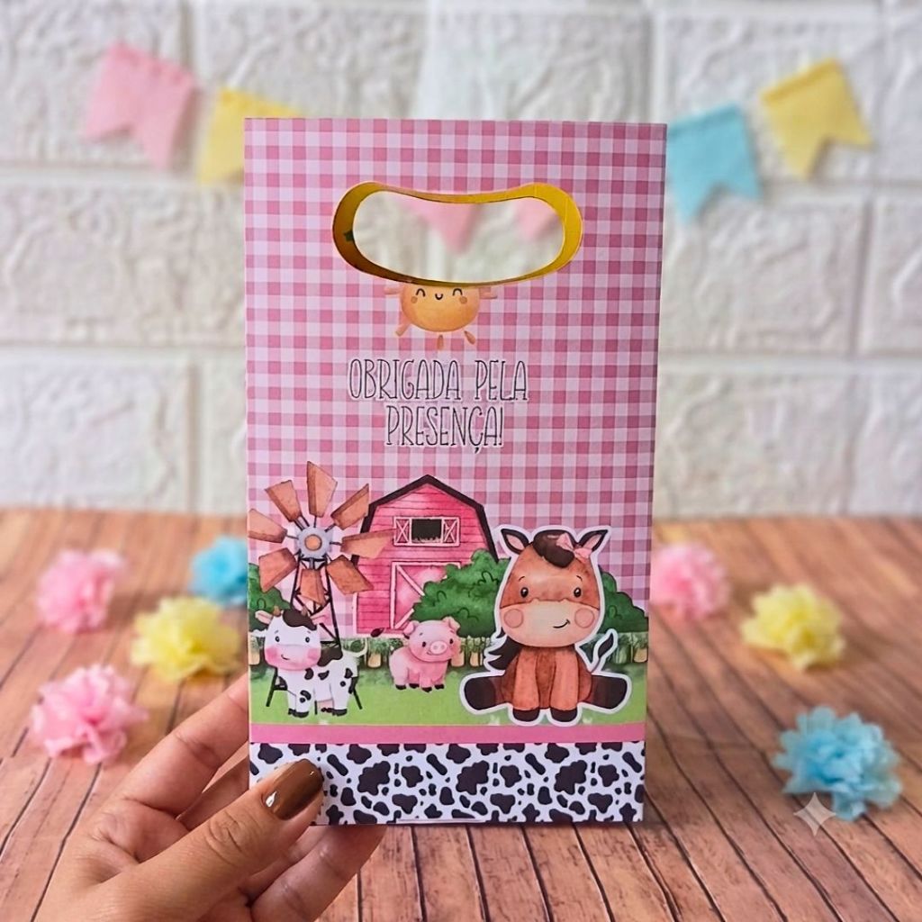 FAZENDINHA ROSA 2 Sacolinha Personalizada Pegue e Monte Festa Infantil Lembrancinha
