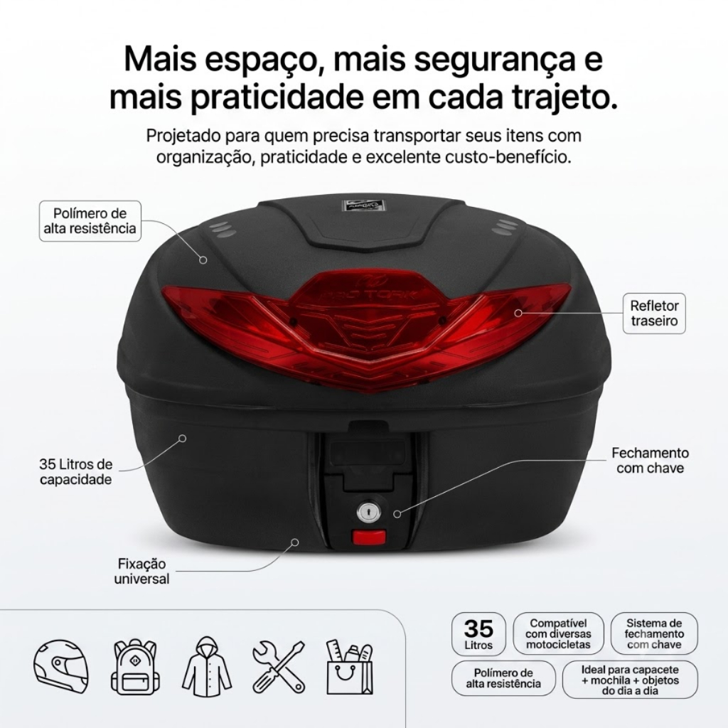 Baú Bauleto Moto 35 Litros Pro Tork Smart Box 4 1 Capacete com Base Universal Lente Vermelha Fumê — imagem 2 de 2