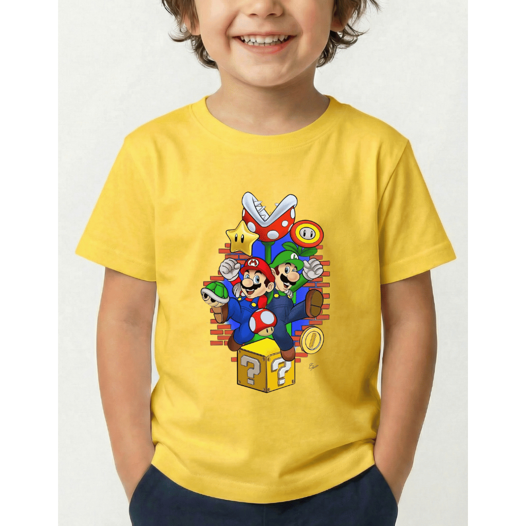 Camiseta Infantil Estampada Jogo Super Mario Personagens Algodão Premium Malha Confortável