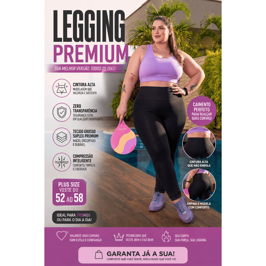 Legging Plus Size Suplex Premium Cintura Alta Costura Reforçada Zero Transparência