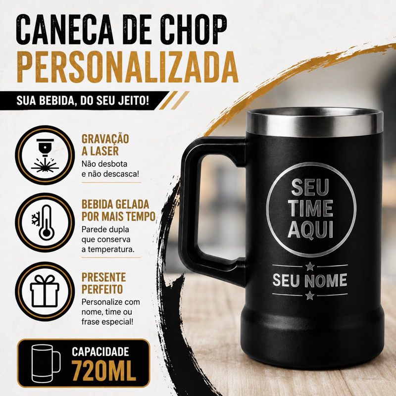 Caneca Térmica de Chopp 720ml – Personalize com Seu Time