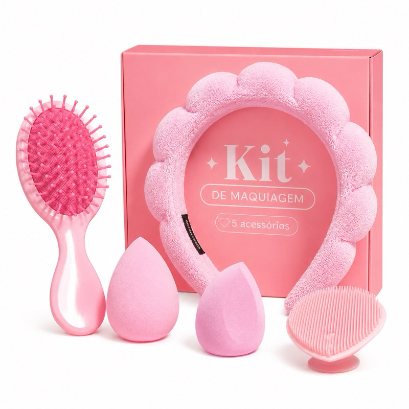 Kit Completo de Skincare e Maquiagem 5 em 1 | Faixa para Maquiagem + Esponjas + Escova + Massageador Facial