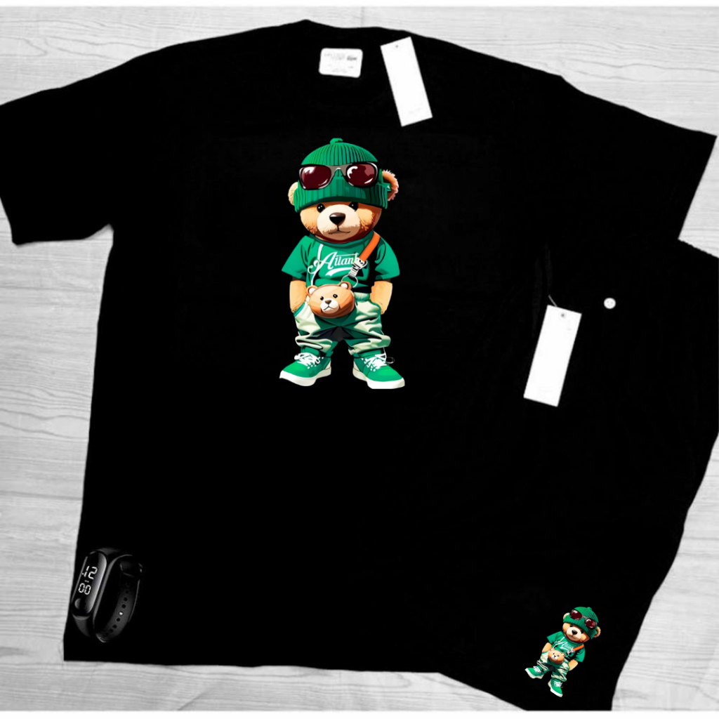 Conjunto Kit camiseta verão 100% algodão 30,1 bermuda leve para caminhada e academia URSO ESTILOSO  + RELOGIO DIGITAL