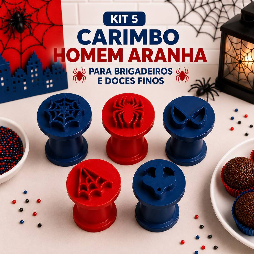 Kit Carimbos para Doces 5 Peças Homem Aranha – Brigadeiro Tema do Homem Aranha (Aranha, Teia, Olhos, homem aranha)