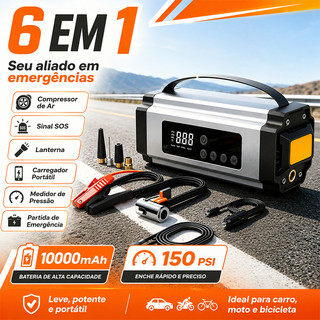 Auxiliar de Partida Portátil 150PSI Compressor de Ar Power Bank 10000mAh 6 em 1 Lanterna …