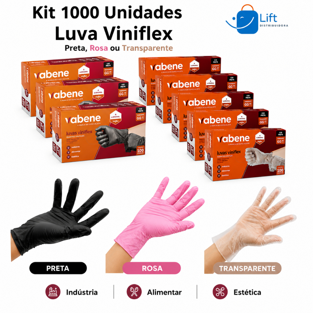 Kit 1000 Luvas Viniflex Vabene Descartáveis Sem Pó P, M, G e GG