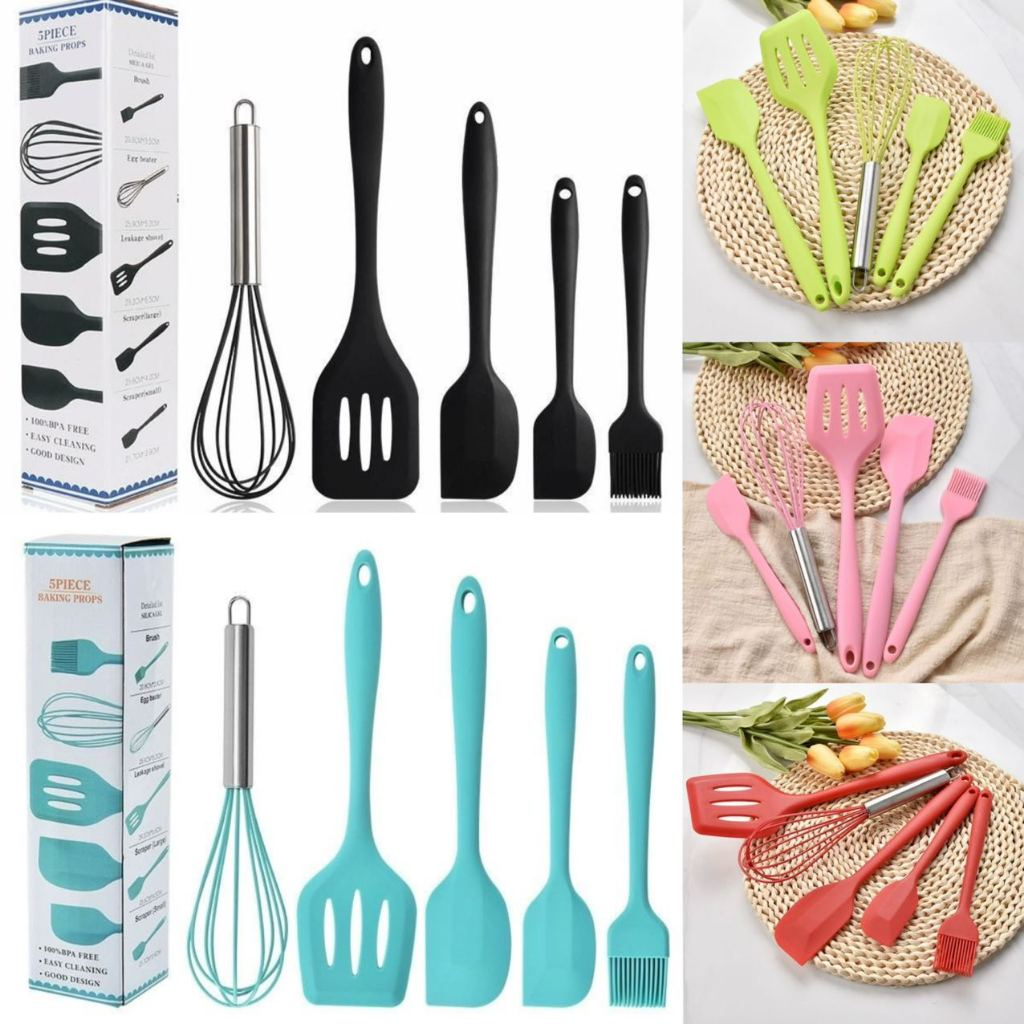 Kit Colheres de Silicone 5 Peças – Resistentes ao Calor e Antiaderentes/olher de silicone  kit utensílios cozinha