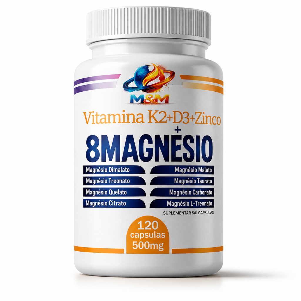 8 Magnésios + Vitamina K2 D3 Zinco 500mg 120 Cápsulas | Magnésio Dimalato, Treonato, Citrato lirius