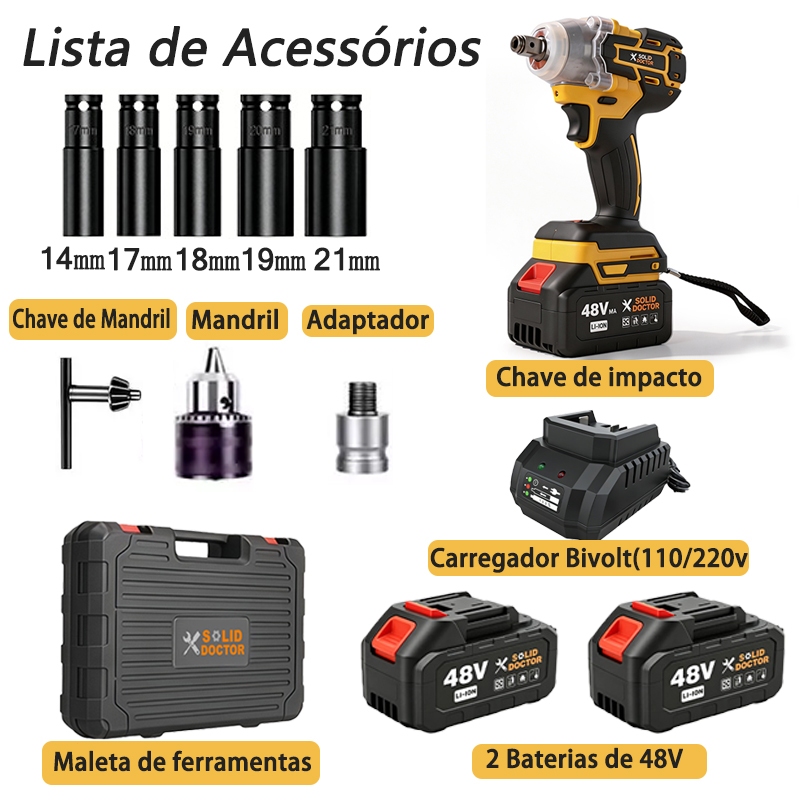 Furadeira Parafusadeira de Impacto Solid Doctor 48V 350NM Sem Fio Kit — foto 3